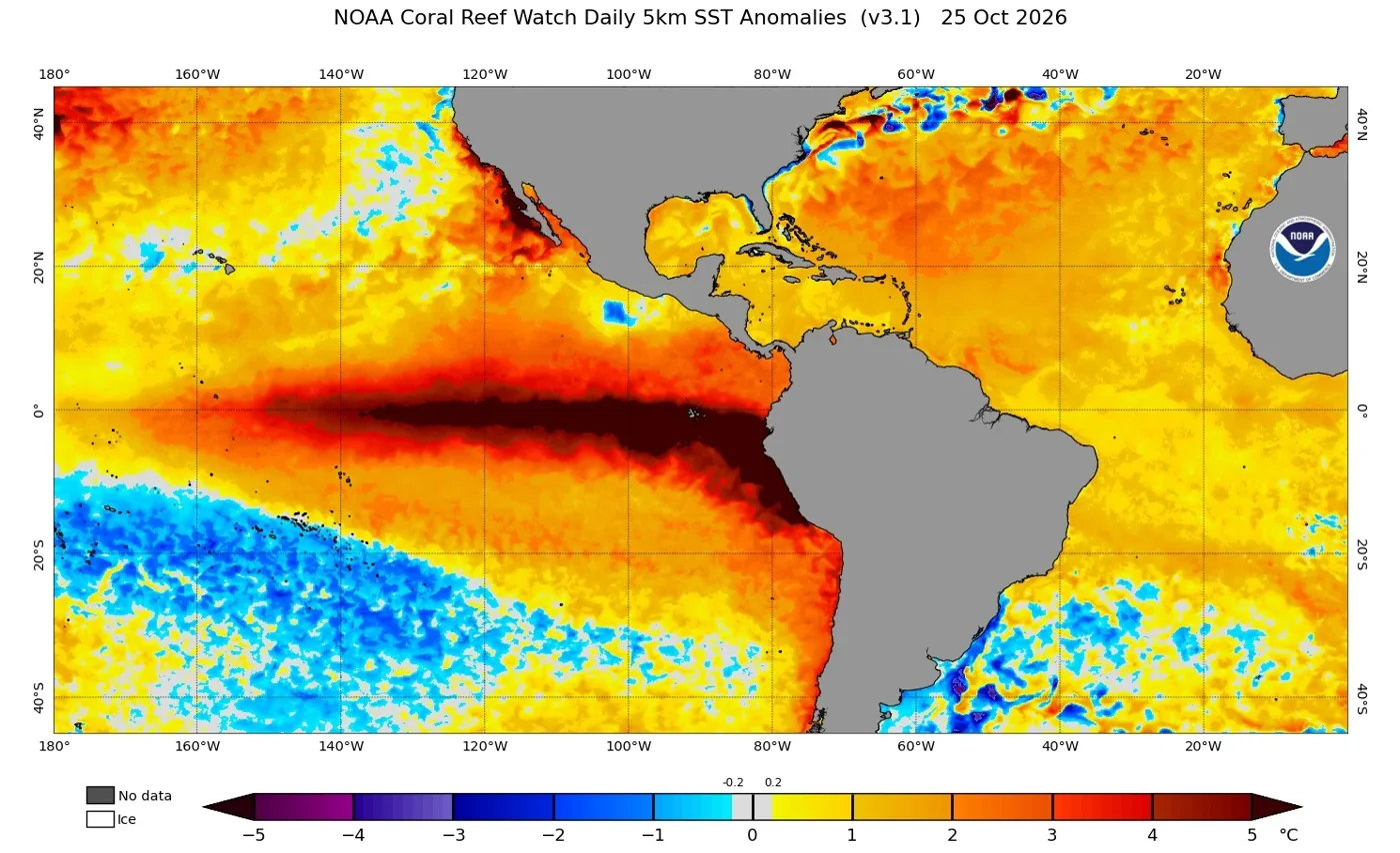 Mapa NOAA Coral Reef Watch das anomalias da temperatura da superfície do mar em 25 de outubro de 2026