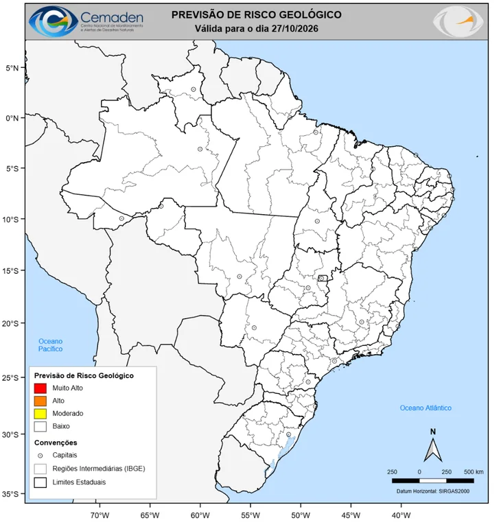 Mapa do Cemaden sem cenário de risco geológico significativo para 27 de outubro de 2026