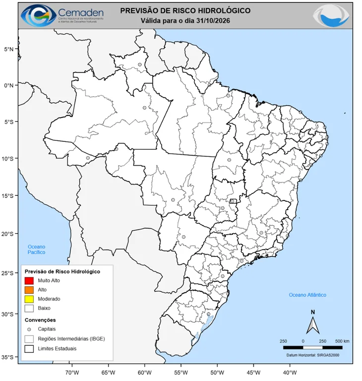 Mapa de riscos hidrológicos do Brasil do Cemaden, válido para 31/10/2026, com legenda original preservada.